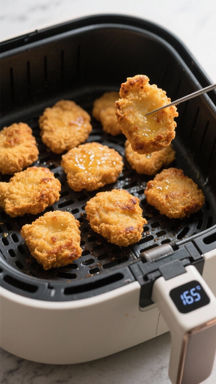 Cooking process scene: nuggets arranged in a single layer in a preheated air fryer basket at 400°F,
