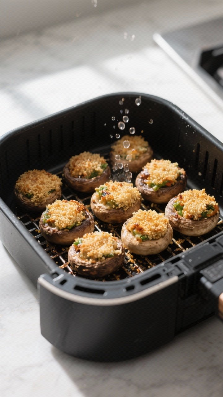 Cooking process scene: stuffed mushrooms arranged in a single layer in a preheated air fryer basket 