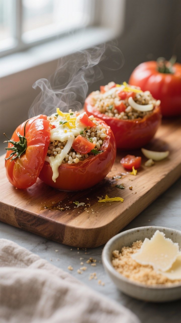 Cooking process scene: Stuffed tomatoes resting on a wooden board right after air frying, steam stil