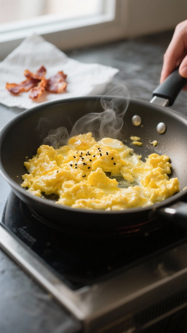 Cooking process: Scrambled eggs being gently pushed into soft glossy curds in a nonstick pan over me