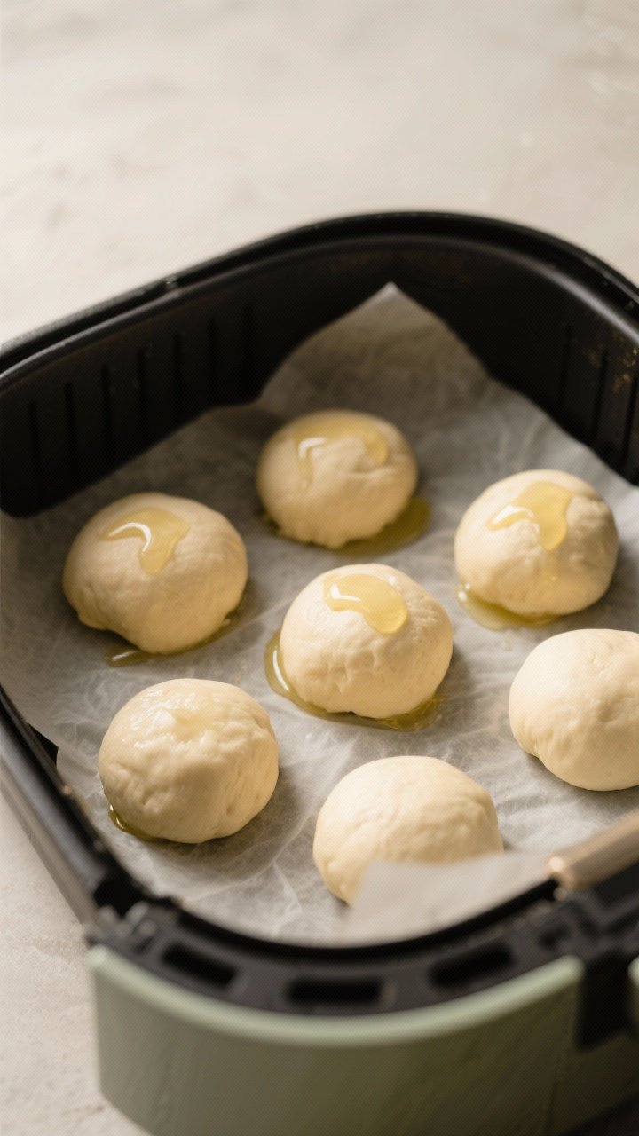 Cooking process: Second rise in the air fryer basket—puffy shaped dough balls spaced about an inch