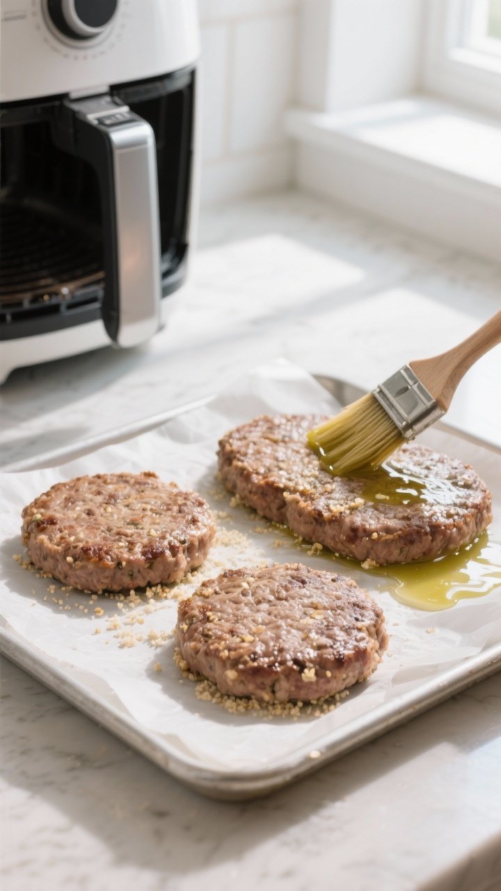 Cooking process: Sequence-style scene on a light countertop showing chilled, shaped patties (1/2-inc