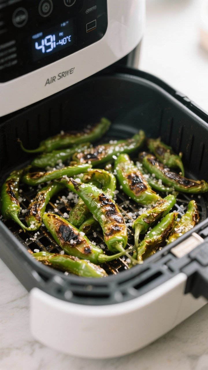 Cooking process: Shishito peppers sizzling in an open air fryer basket in a single layer, mid-cook s