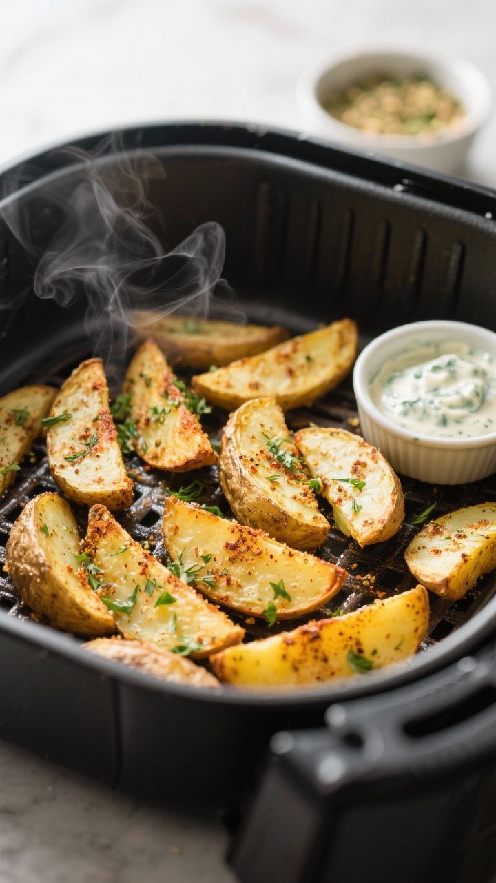 Cooking process shot: Air-fryer basket mid-cook with golden, crisping potato wedges tossed in a fine
