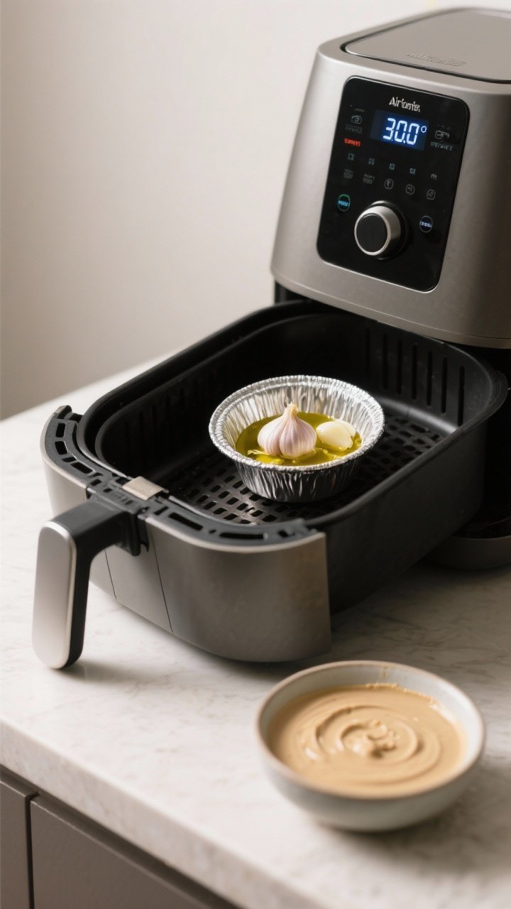 Cooking process shot: Air fryer basket open at 300°F showing a tiny foil boat/ramekin with softened