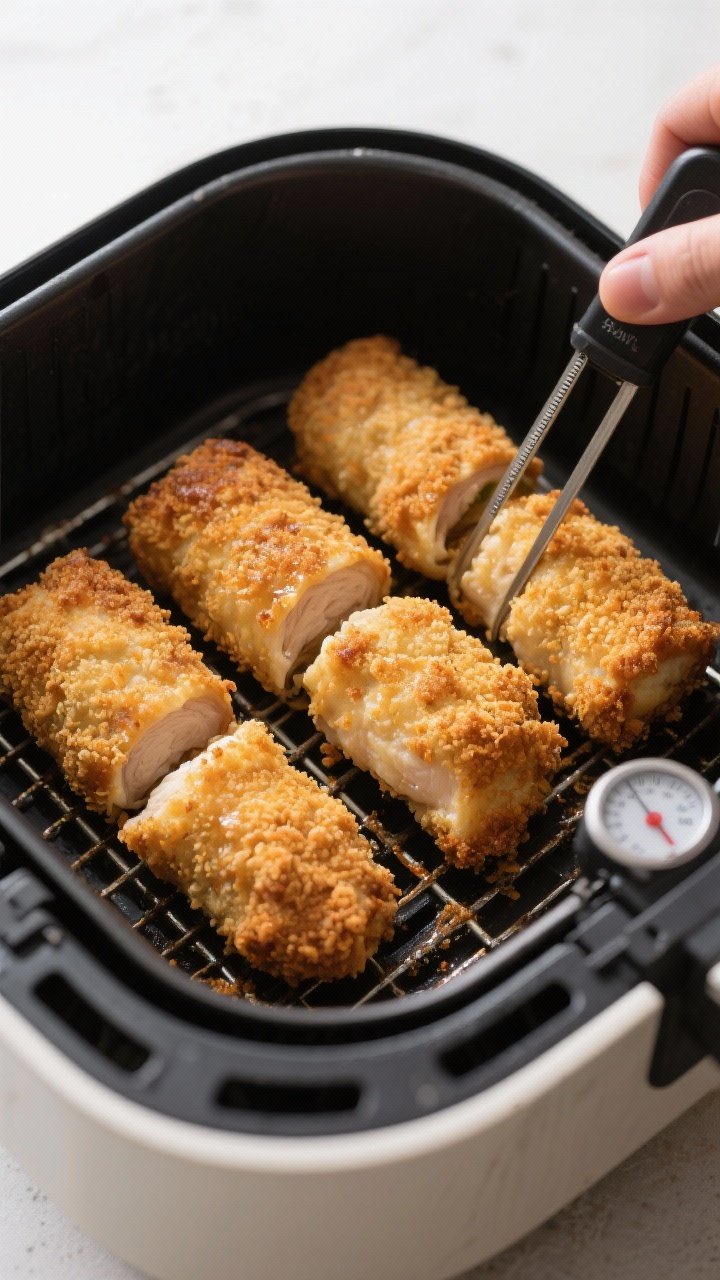 Cooking process shot: Breaded Chicken Kiev rolls in an air fryer basket at the flip halfway point, c