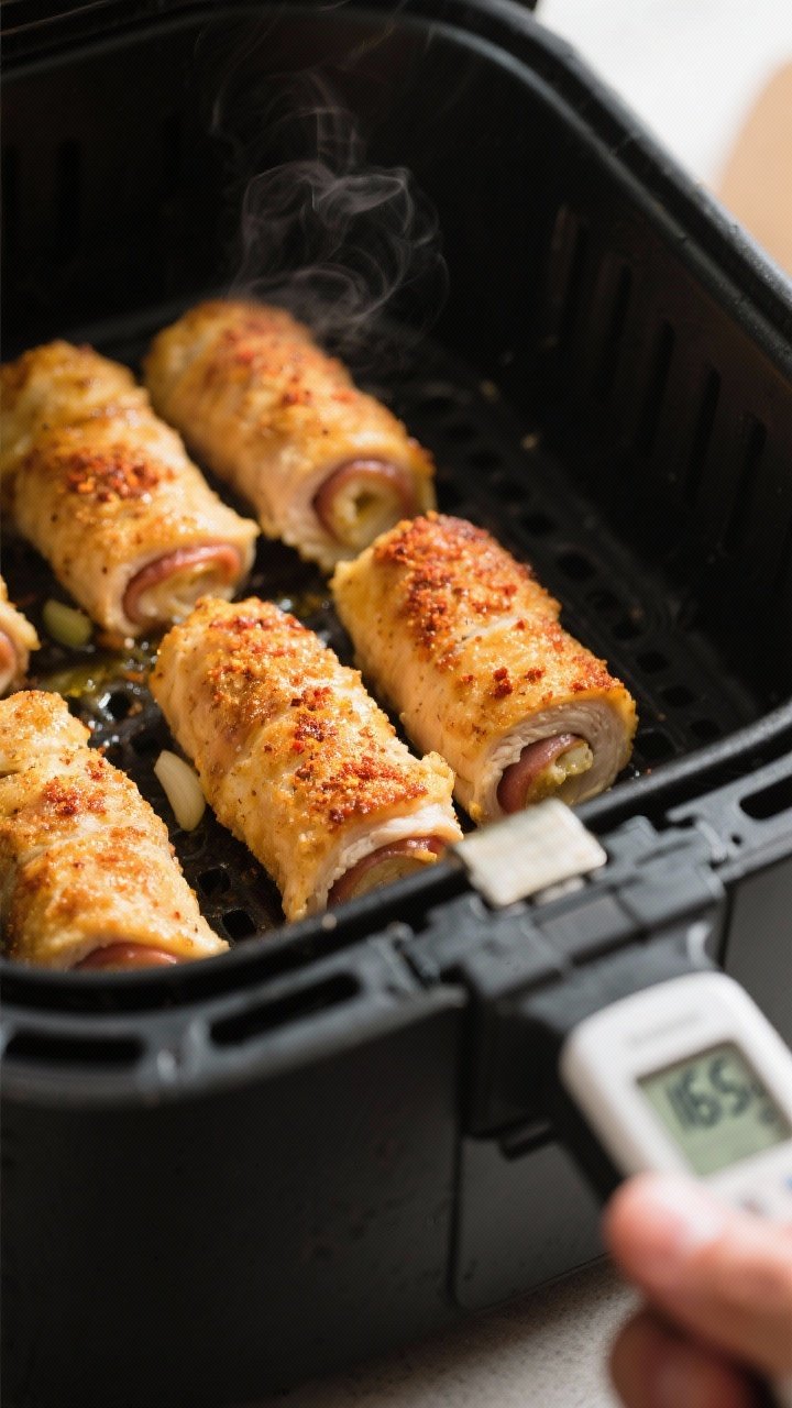 Cooking process shot: Golden-browned chicken cordon bleu rolls in an air fryer basket at the flip ha