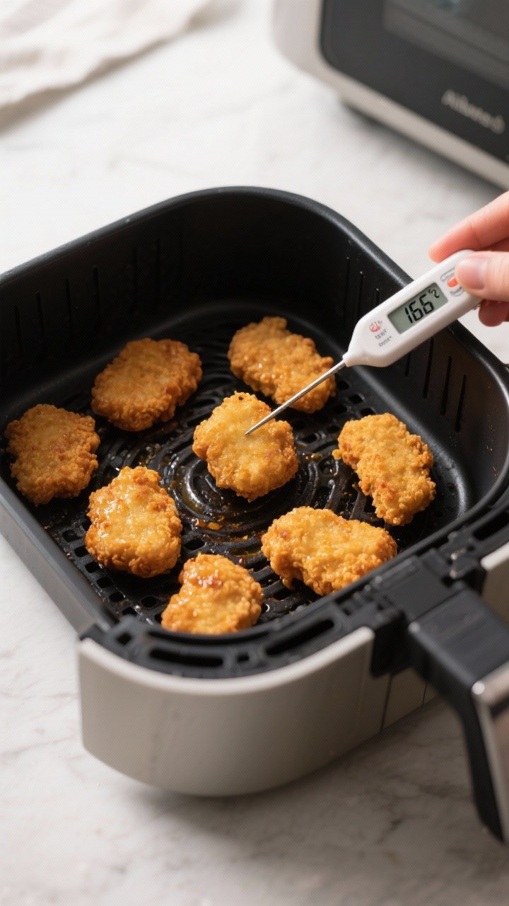 Cooking process shot: nuggets mid-air-fry after the flip at 400°F, arranged with space between piec