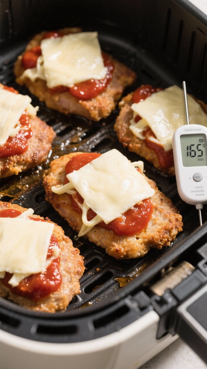 Cooking process shot of saucing and cheesing in the air fryer: cutlets arranged in a single layer, e