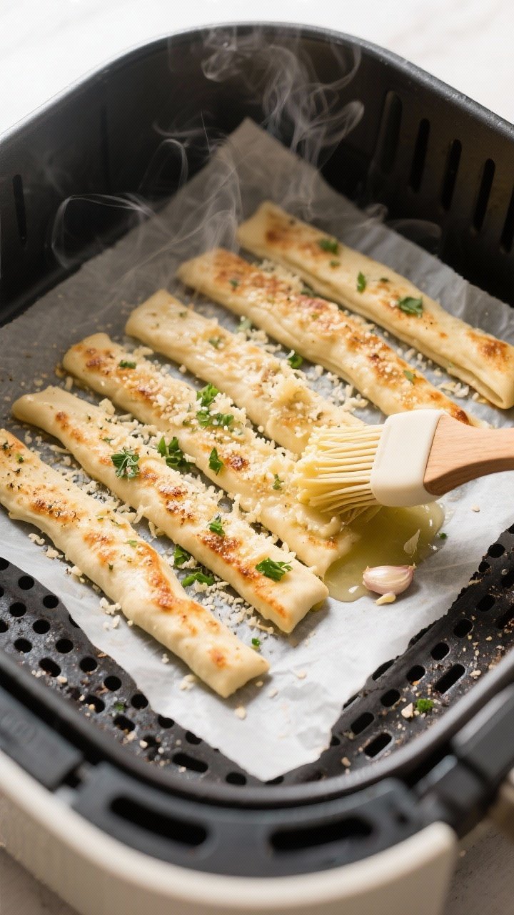 Cooking process shot: overhead view of an air fryer basket lined with perforated parchment, a single