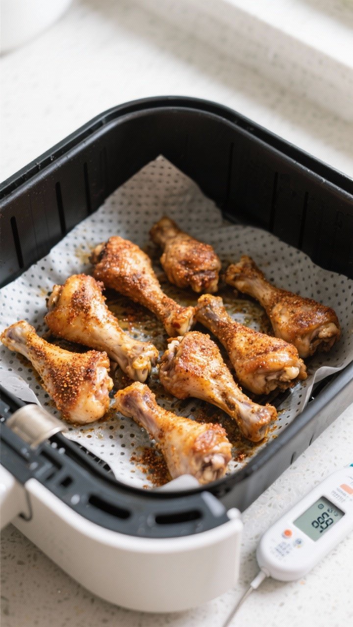 Cooking process shot: Overhead view of seasoned drumsticks arranged in a single layer in a preheated