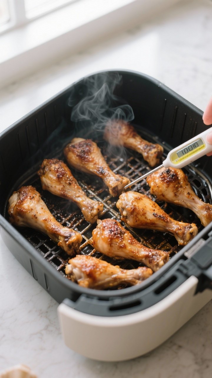 Cooking process shot: Overhead view of seasoned drumsticks arranged in a single layer inside an open