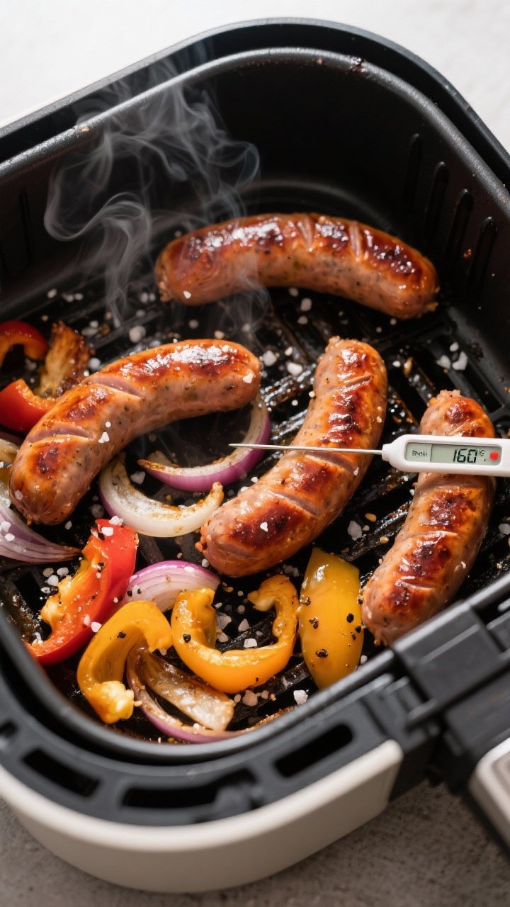 Cooking process shot: Overhead view of the air fryer basket mid-cook as sausages are flipped, pepper