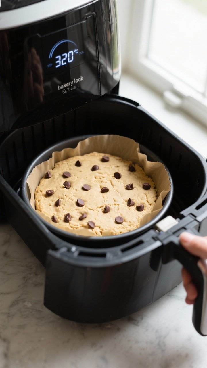 Cooking process shot: Overhead view of the pressed cookie dough in a 6–7 inch round oven-safe pan 