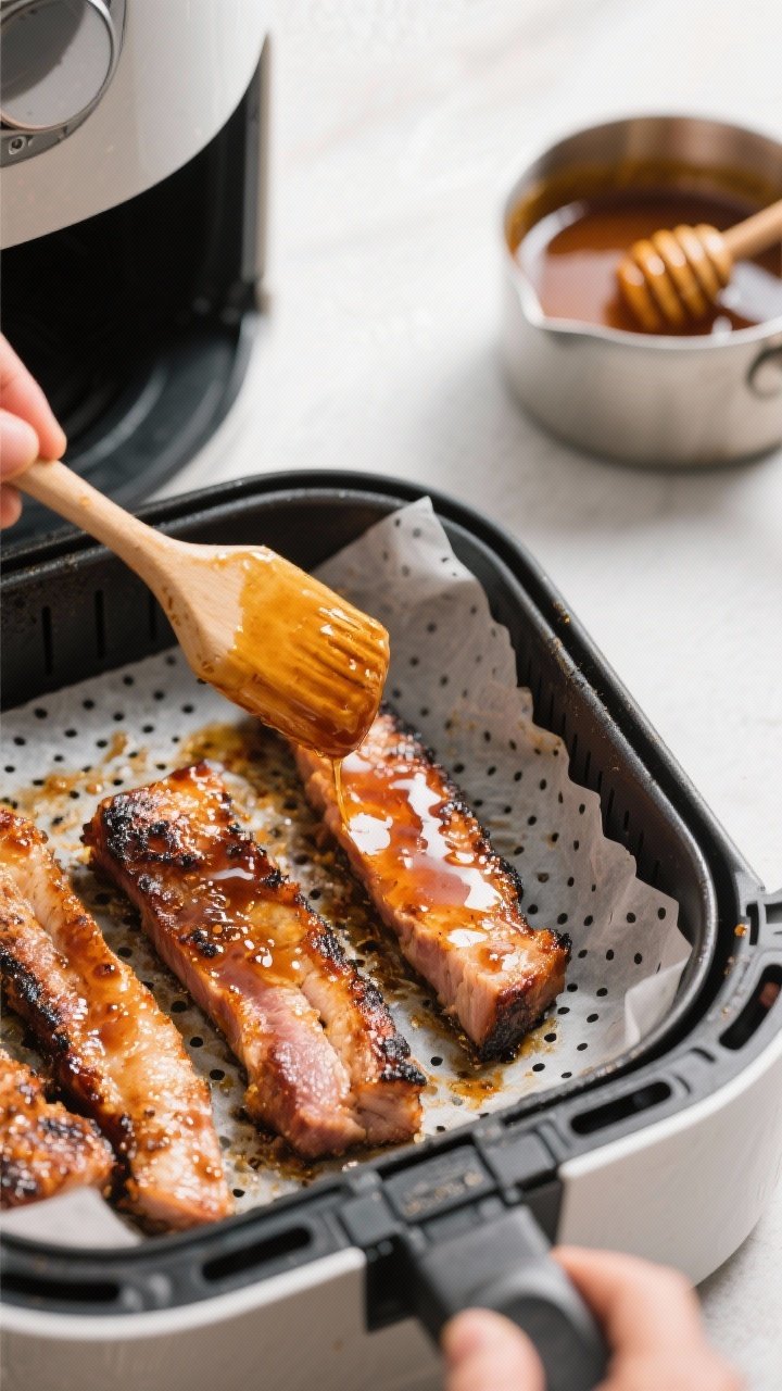 Cooking process shot: pork shoulder strips in an air fryer basket mid-cook at 375°F, flipped and be