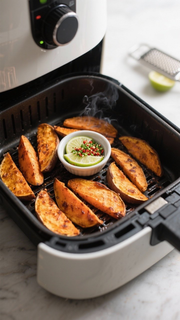 Cooking process shot: sweet potato wedges arranged in a single layer in an open air fryer basket at 
