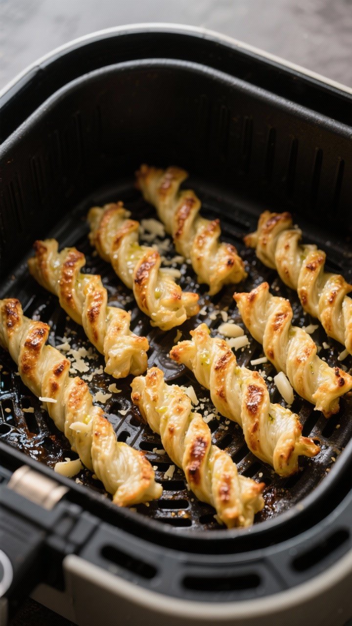 Cooking process shot: twists arranged in a single layer inside an air fryer basket, evenly spaced to