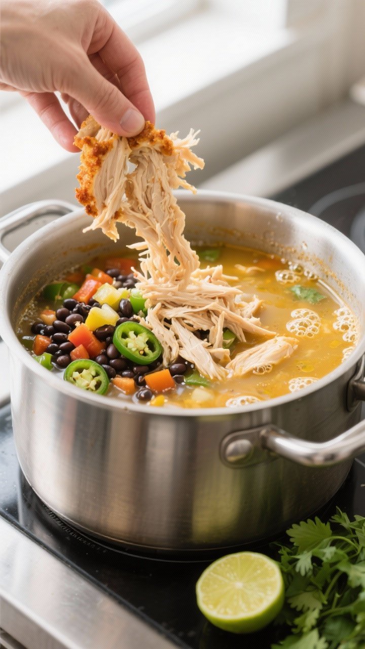 Cooking process: Shredded air-fried chicken being folded into a simmering pot of Mexican chicken sou