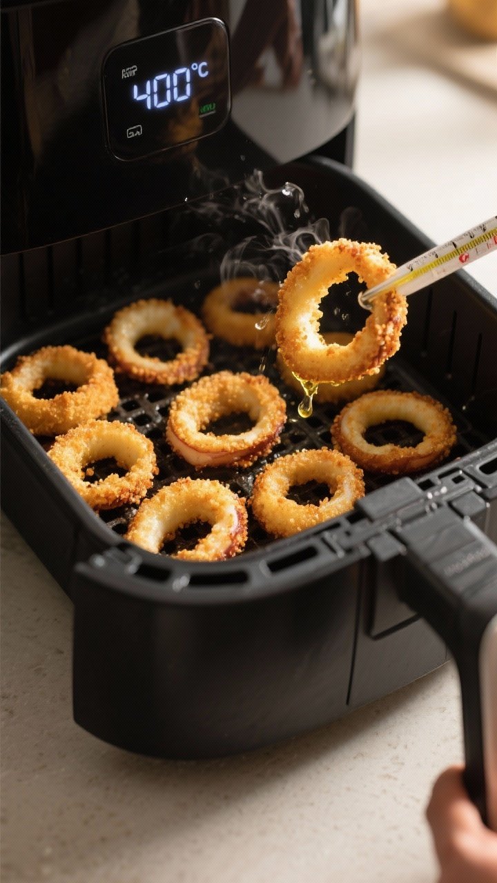 Cooking process: Single layer of breaded calamari rings arranged in an air fryer basket mid-cook, ev
