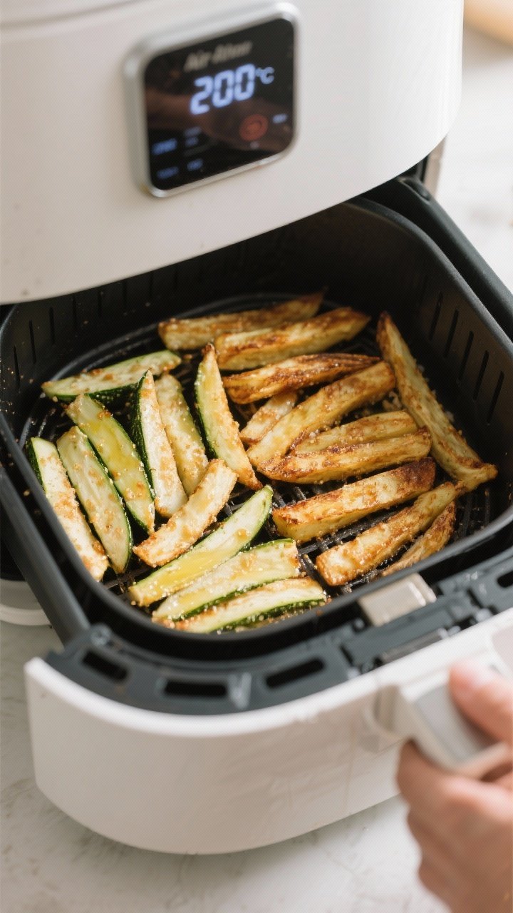 Cooking process: Single layer of coated baby marrow fries arranged in an air fryer basket mid-cook, 