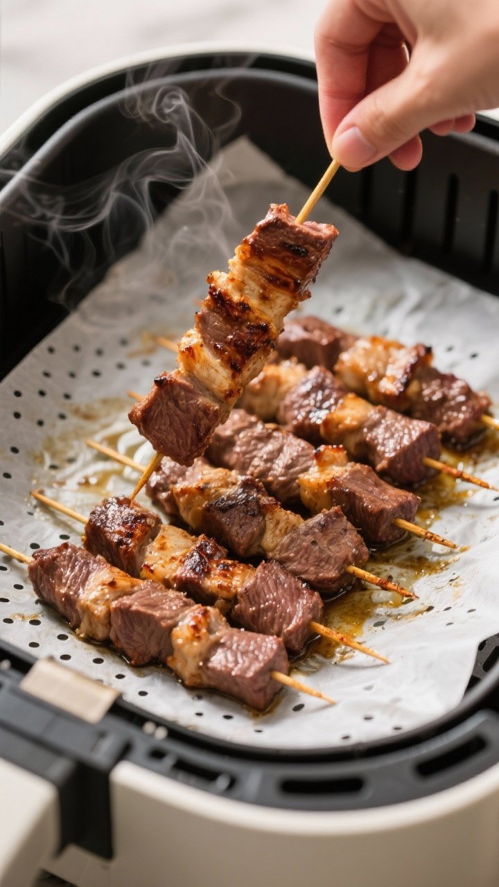 Cooking process: Skewered beef arranged in a single layer inside an air fryer at 400°F, mid-cook fl