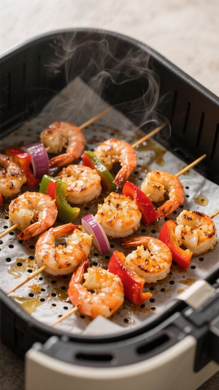 Cooking process: Skewered prawns arranged in a single layer in an air fryer basket at 400°F, mid-co