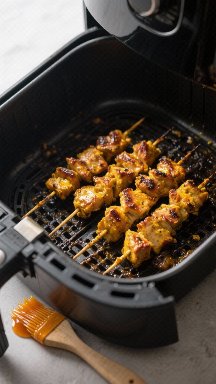 Cooking process: Skewers arranged in a single layer inside an air fryer basket at 380°F, mid-cook w