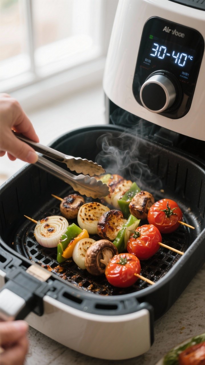Cooking process: Skewers arranged in a single layer inside an air fryer basket mid-cook, captured as