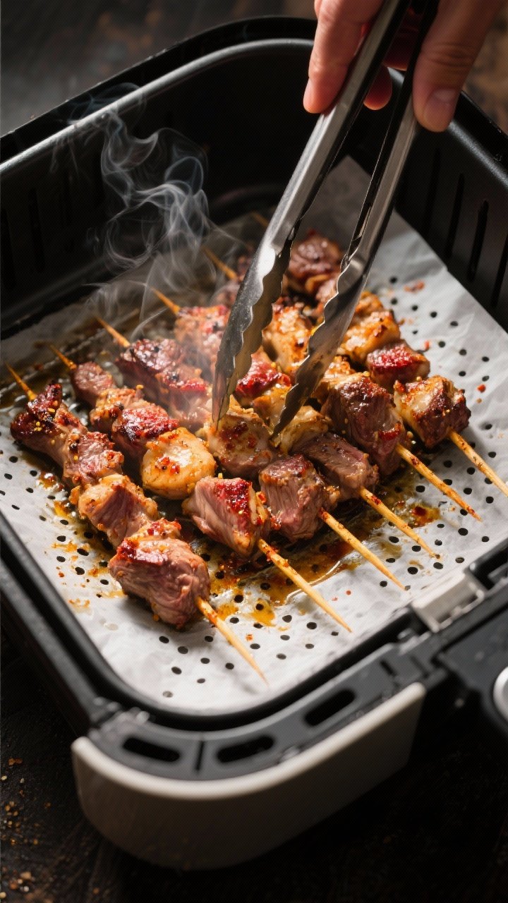 Cooking process: Skewers arranged in a single layer inside an open air fryer basket at 400°F, mid-c