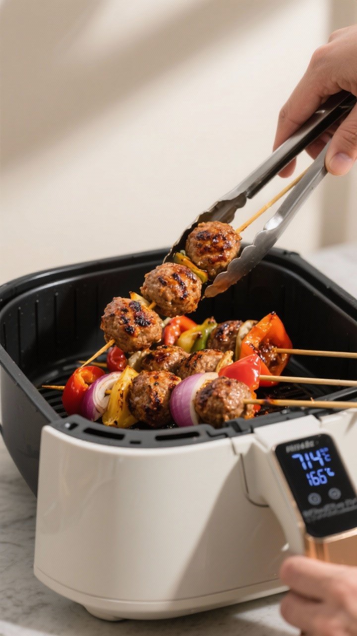 Cooking process: Skewers being turned halfway through in the air fryer, tongs out of frame, focusing