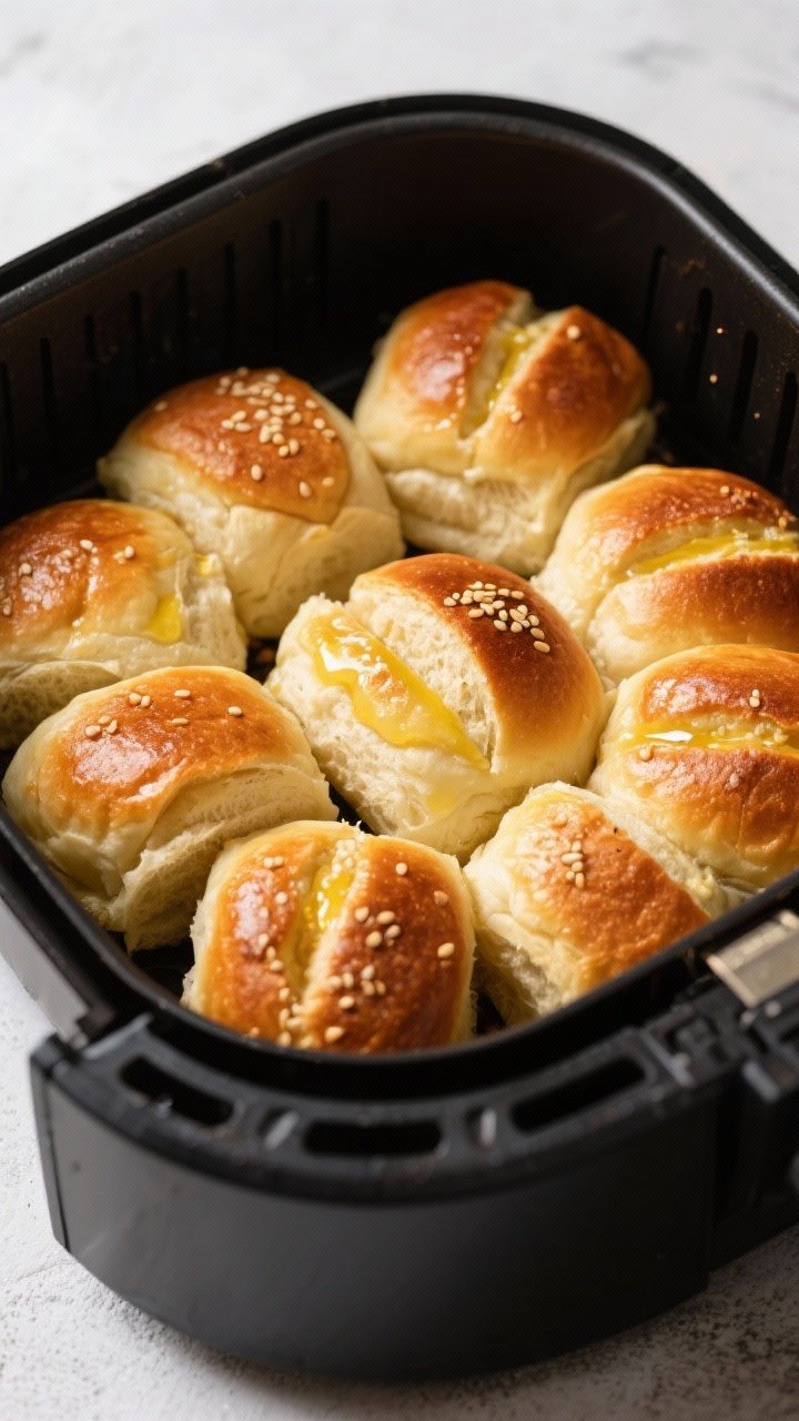 Cooking process: Slider buns in the air fryer, cut sides brushed with melted butter and toasting to 