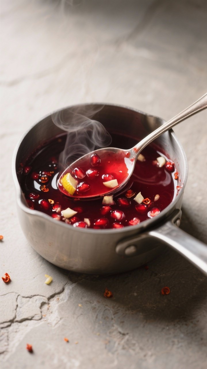 Cooking process: Small saucepan of pomegranate glaze gently simmering and reducing, glossy and thick