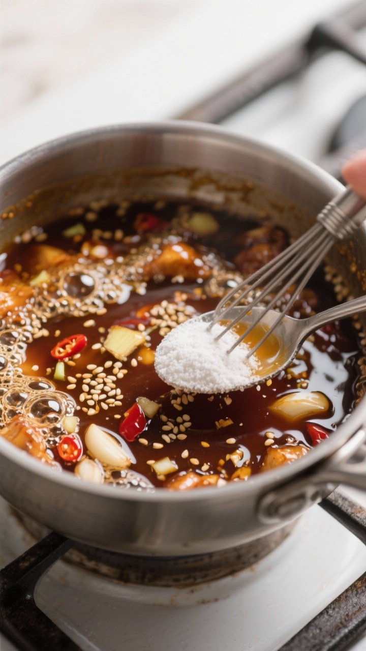 Cooking process: Small saucepan of sticky sesame sauce mid-simmer, glossy and bubbling as a cornstar