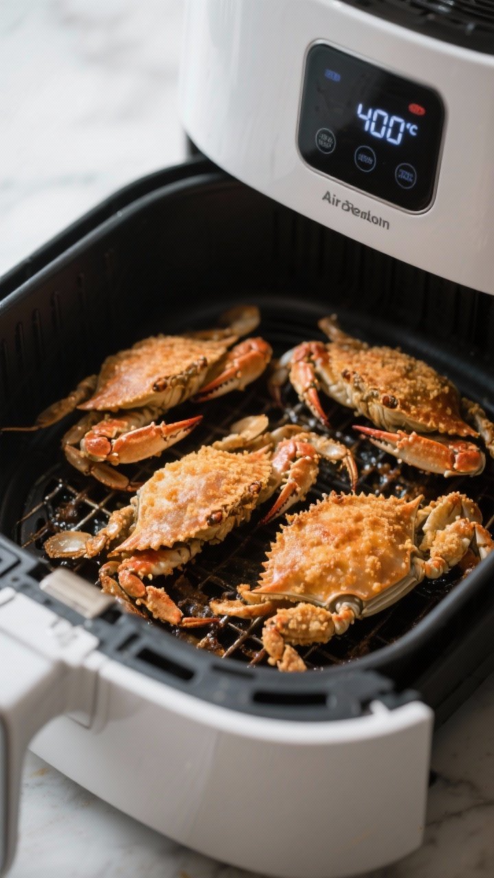 Cooking process: Soft shell crabs in a single layer inside an air fryer basket mid-cook after the fl