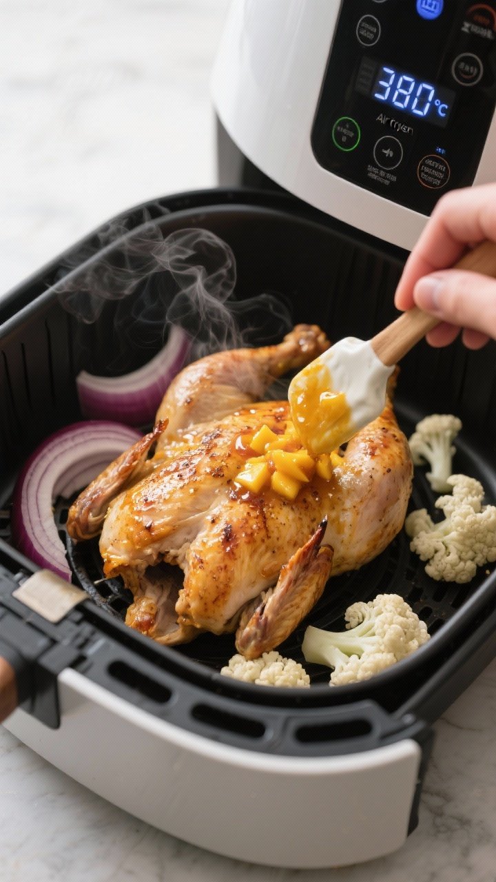 Cooking process: Spatchcocked chicken in the air fryer basket, flipped skin-side up and being brushe