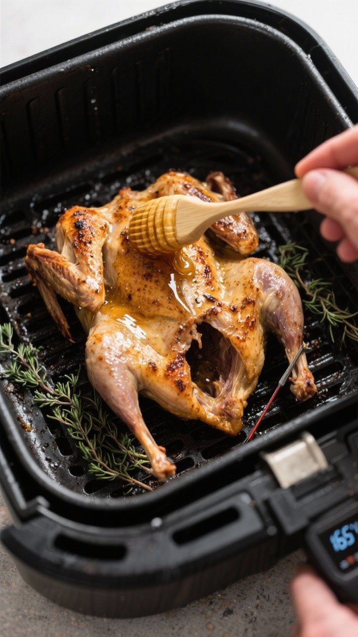 Cooking process: Spatchcocked quail in an air fryer basket mid-cook, flipped skin-side up and being 