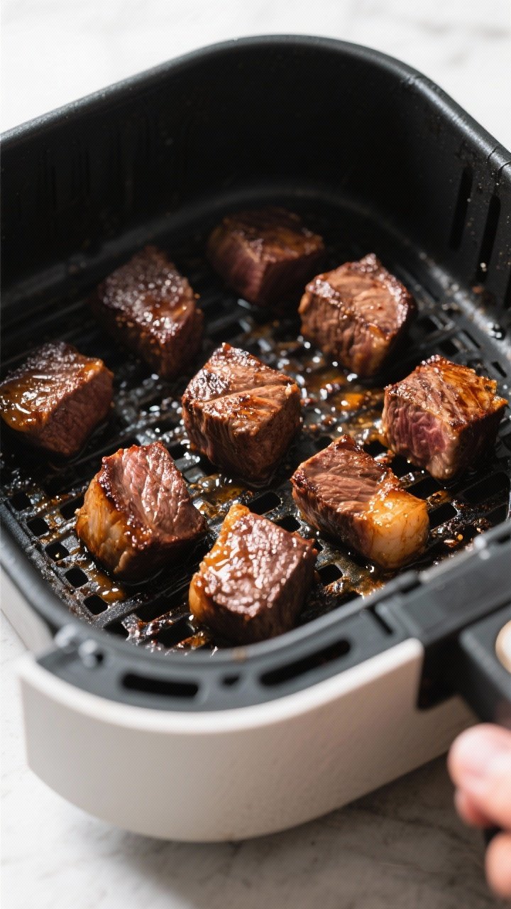 Cooking process: Steak bites arranged in a single, spaced layer inside a preheated air fryer basket 