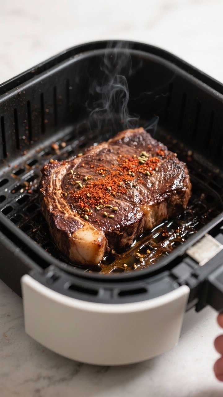 Cooking process: Steak in an air fryer basket at 400°F mid-cook, flipped halfway, showing deep brow