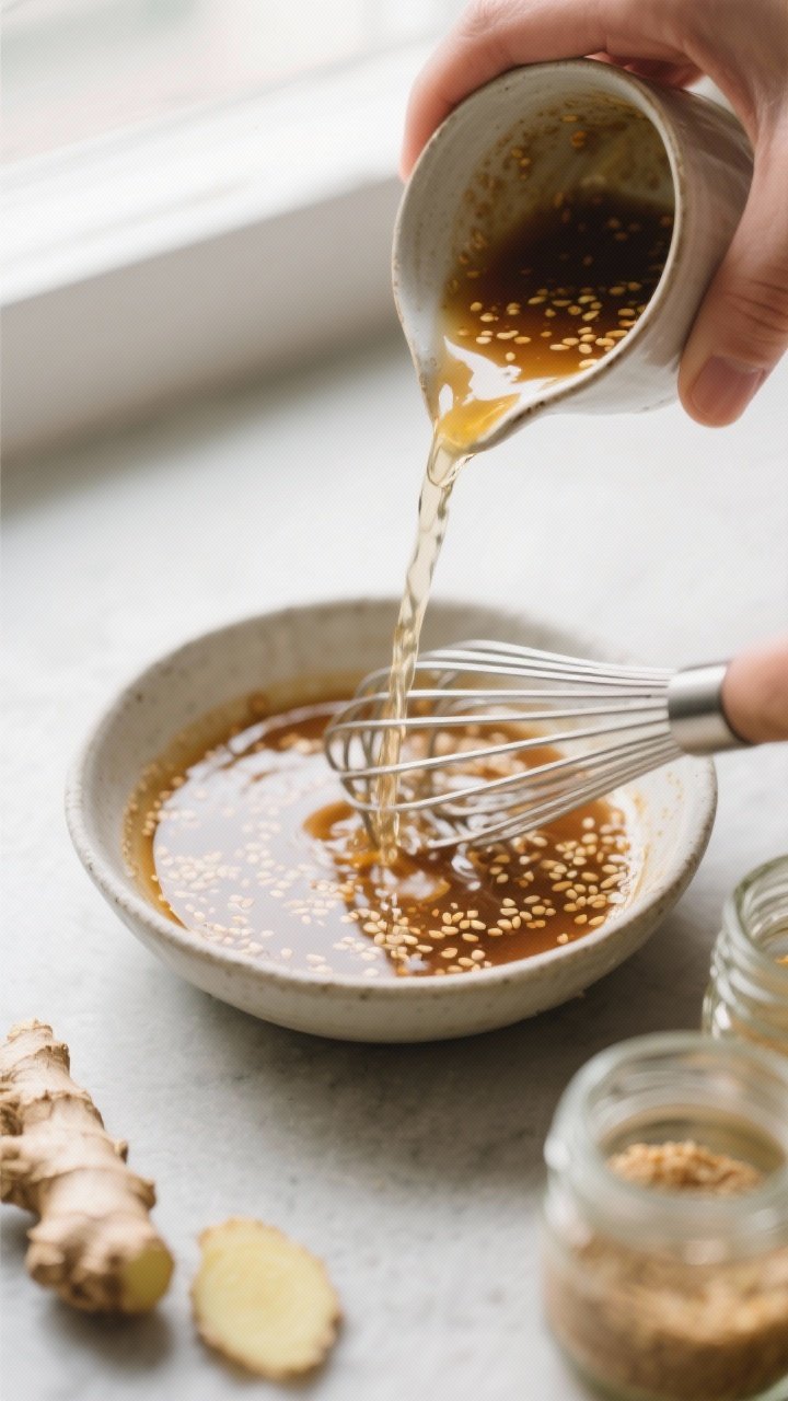 Cooking process: Stream of warm water being drizzled into the dressing while whisking, captured mid-