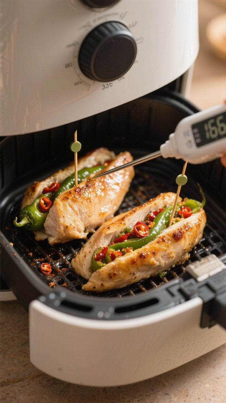Cooking process: Stuffed jalapeno and chilli chicken breasts resting in an air fryer basket mid-cook