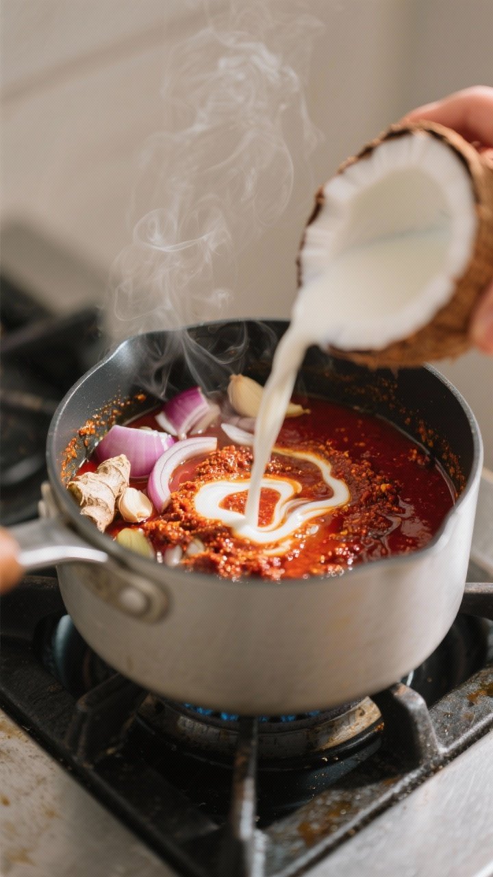Cooking process: Thai red curry paste blooming in a saucepan with sautéed onions, garlic, and ginge