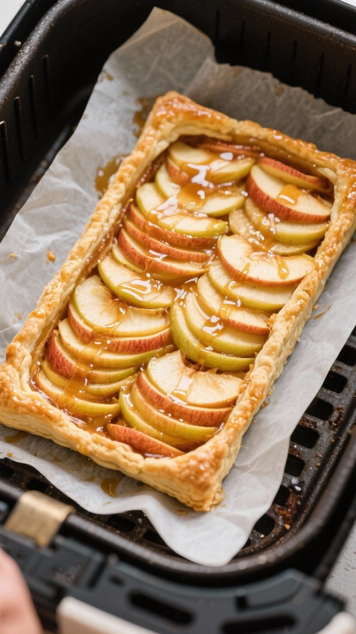 Cooking process: The assembled apple tart in the air fryer mid-bake at 360°F, overhead shot of the 