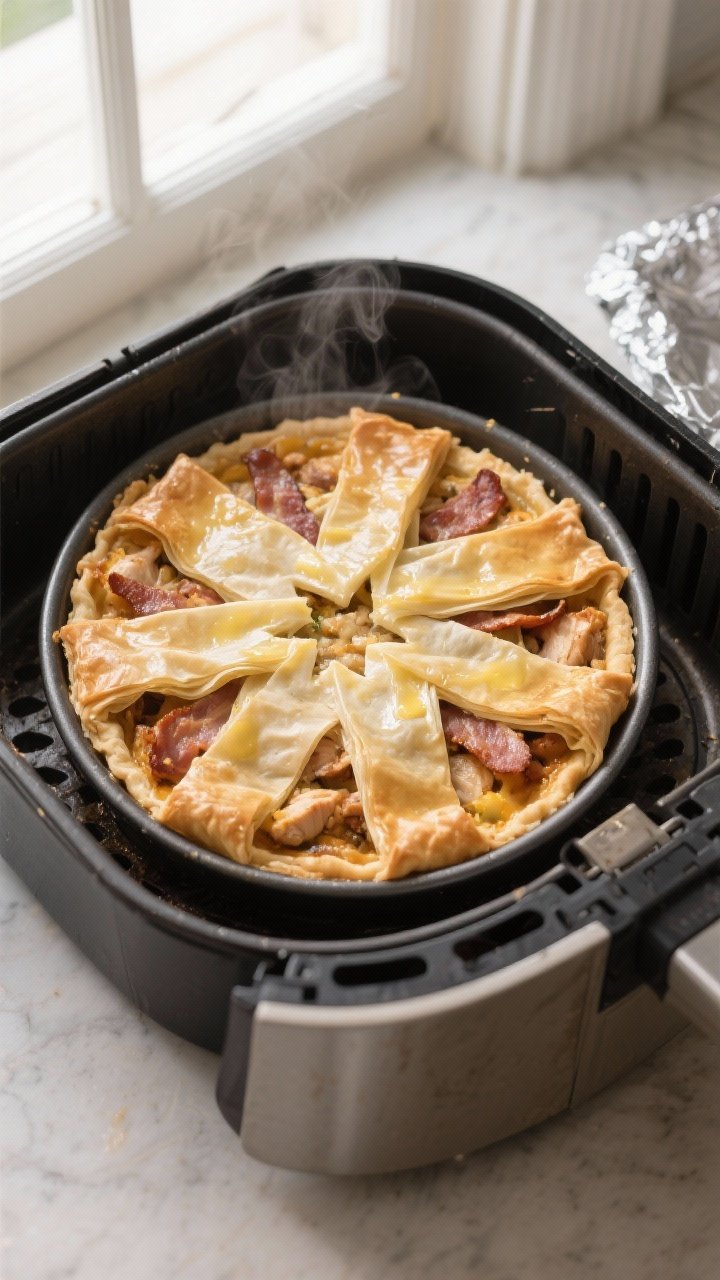 Cooking process: The assembled Bacon and Chicken Phyllo Pie nestled in a 7–8 inch round cake pan i