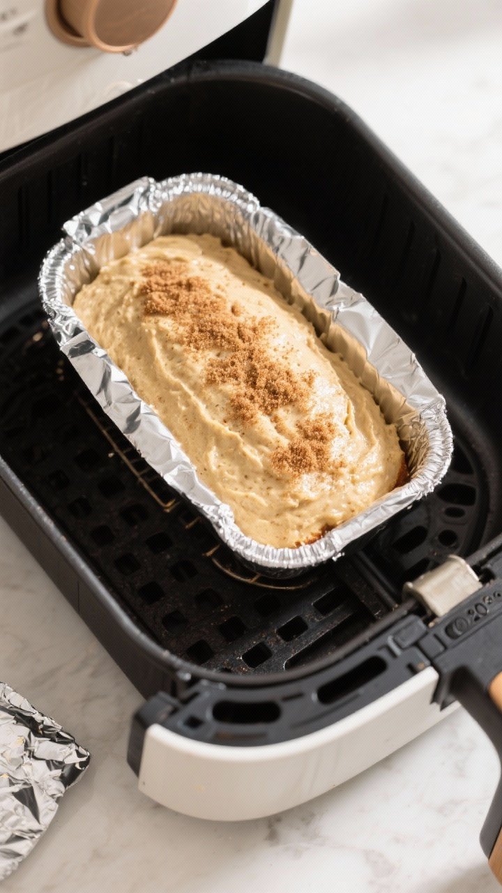 Cooking process: The banana bread batter in a small loaf pan going into an open air fryer basket at 