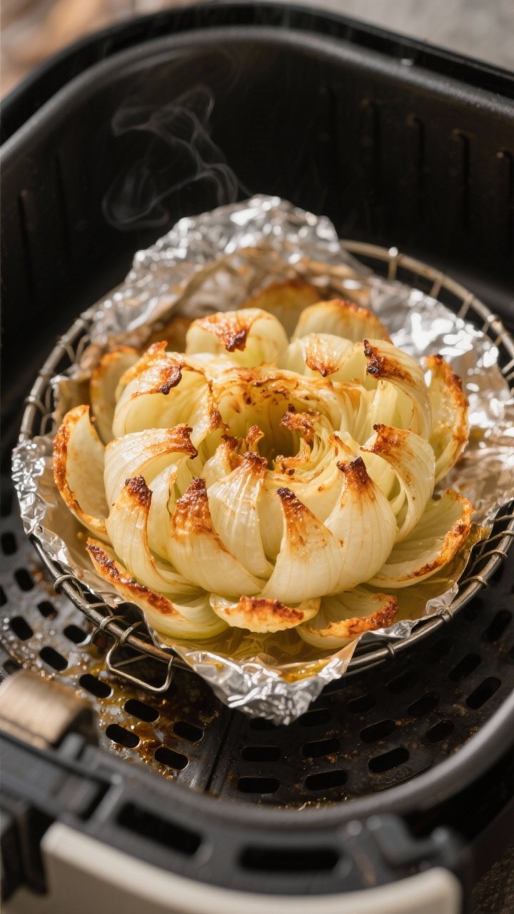 Cooking process: The bloomin’ onion in the air fryer basket mid-cook at 360°F, cut-side up, tips