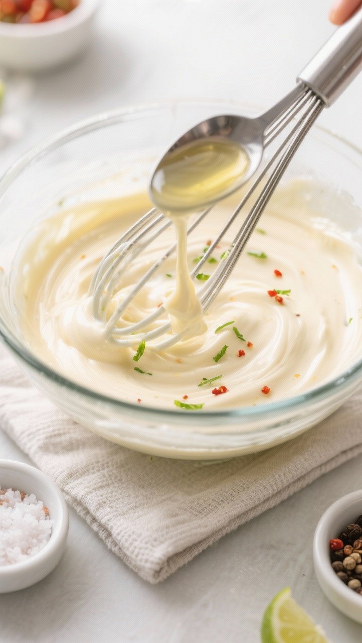 Cooking process: The mayo being whisked to drizzling consistency in a glass mixing bowl—silky sauc