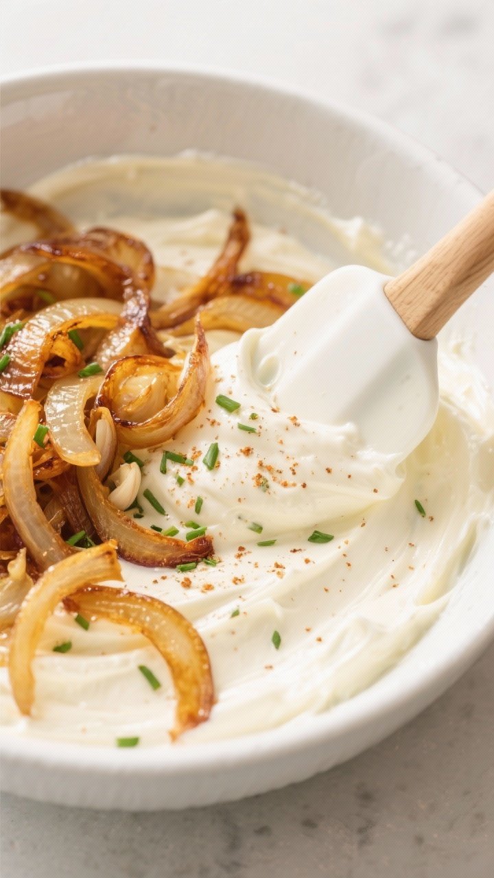 Cooking process: The warm caramelized onions being folded into a creamy base of sour cream, Greek yo