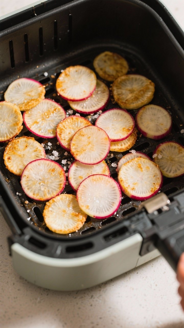 Cooking process: Thin radish slices arranged in a single, non-overlapping layer inside a preheated a