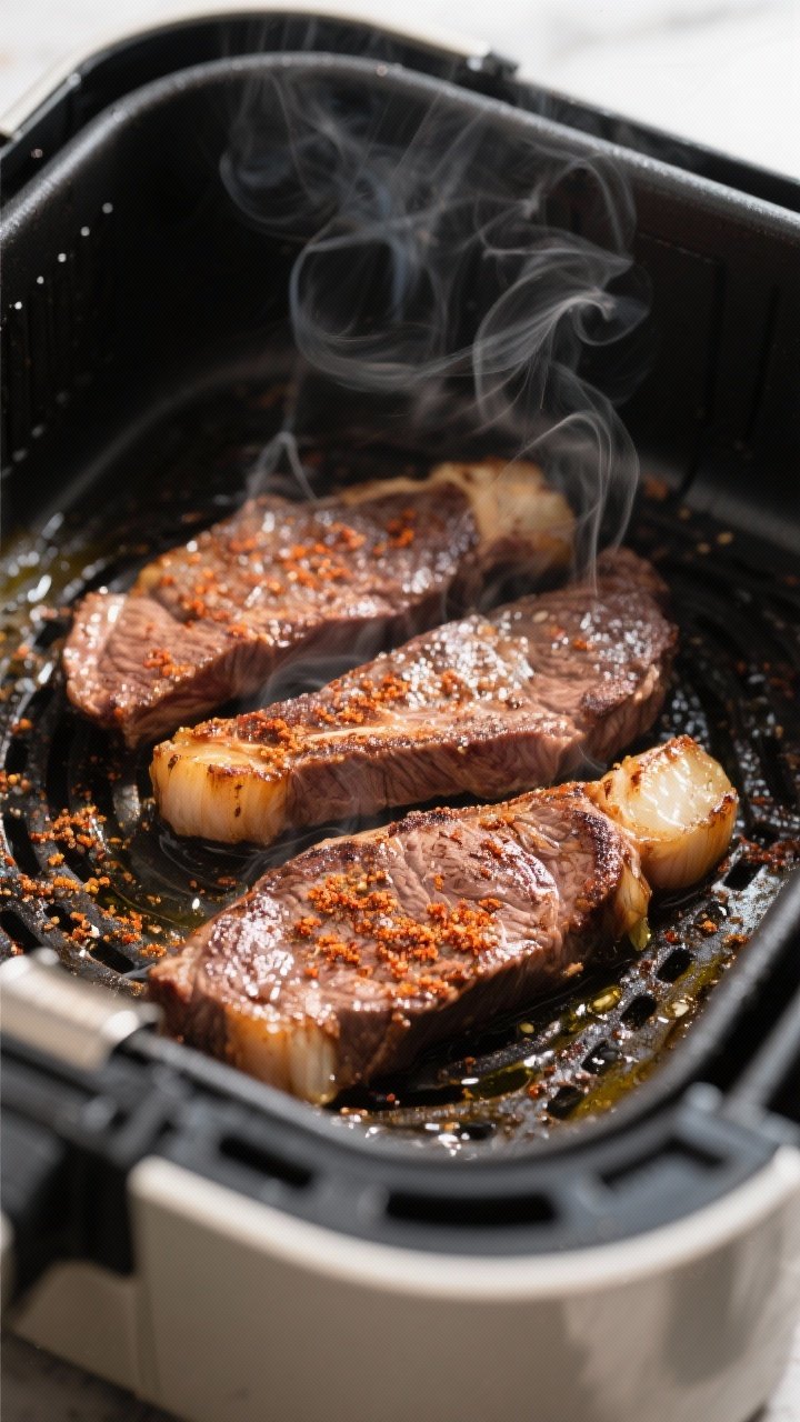 Cooking process: Thin steaks in an air fryer basket mid-cook, flipped halfway, showing light char an