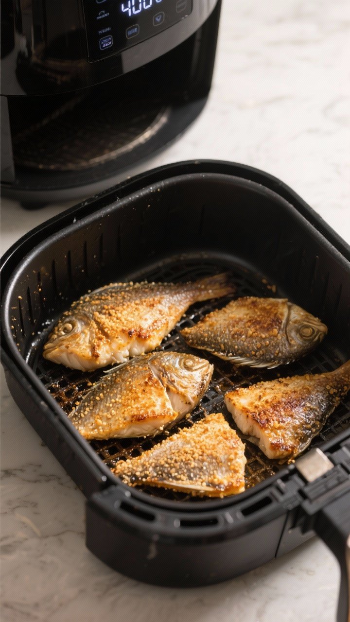 Cooking process: Tilapia fillets in an air fryer basket mid-cook after flipping, evenly spaced with